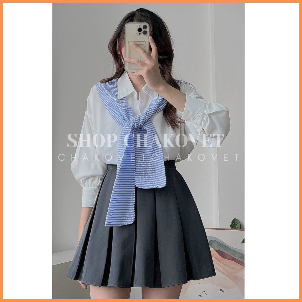 Áo sơ mi nữ dài tay kèm khăn A8422 Áo sơ mi trơn Style Hàn Quốc kèm khăn kẻ sọc Vintage cực sang chảnh - CHAKOVET