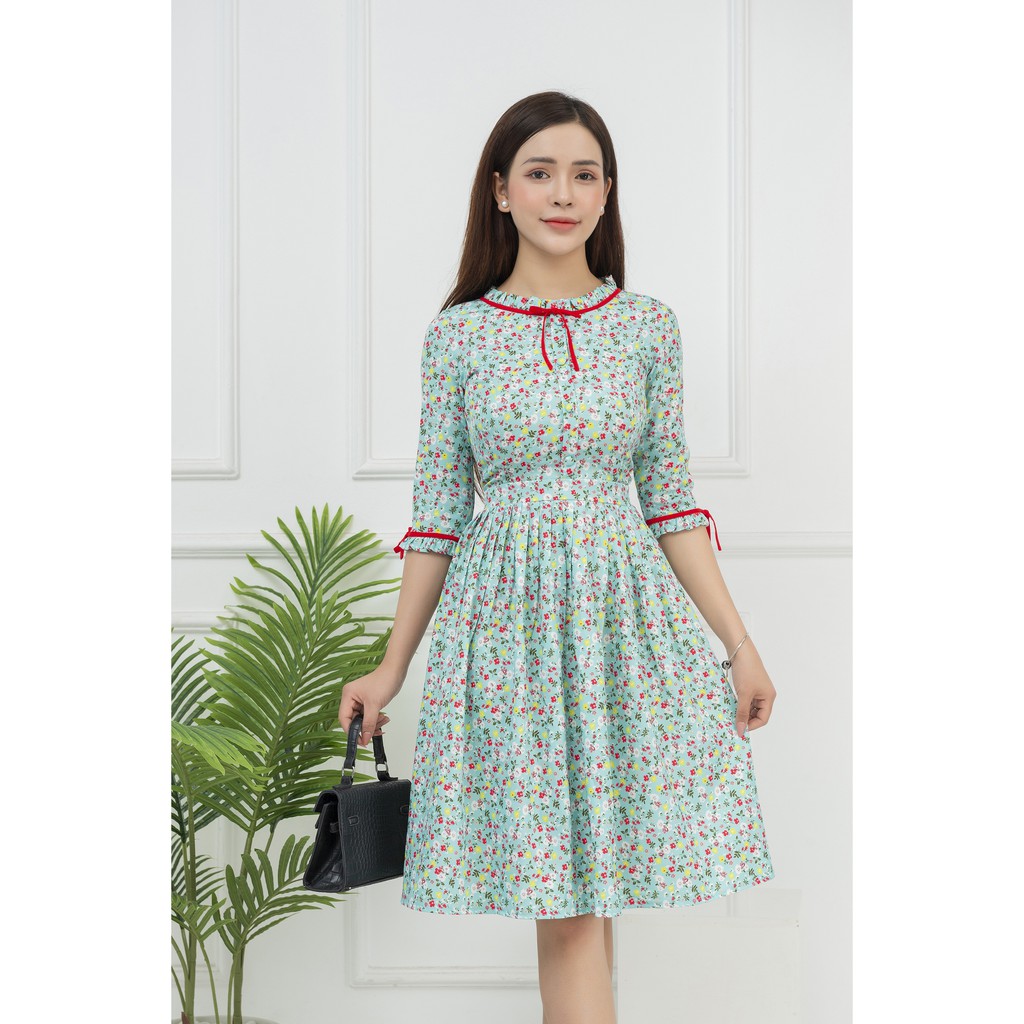 Đầm nữ xòe vintage xếp ly, tay lỡ, hoa nhí màu xanh ngọc