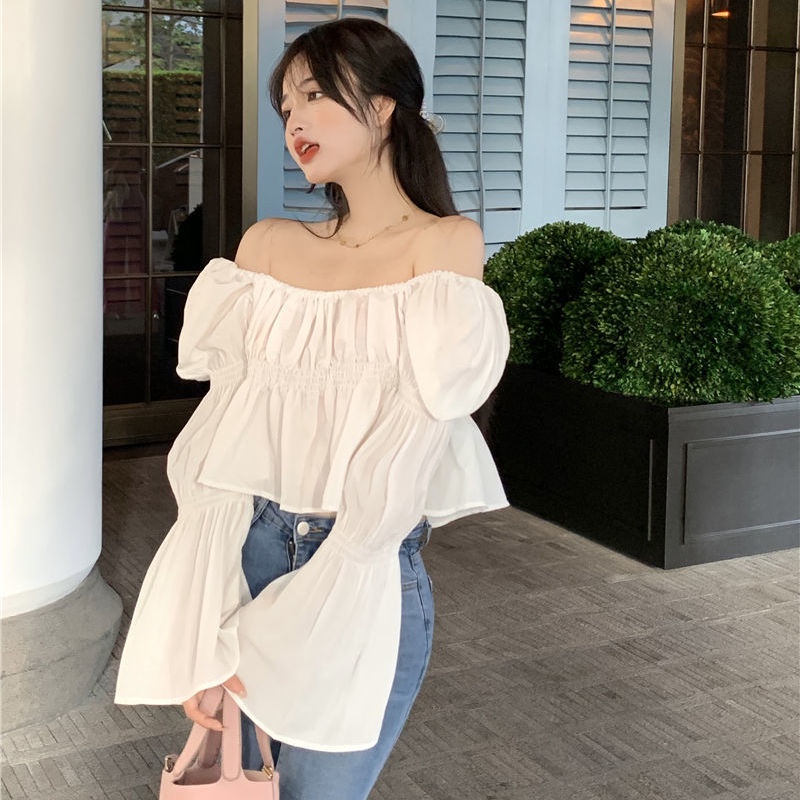 Áo kiểu COZOKC dài tay trễ vai phối bèo thời trang quyến rũ cho nữ