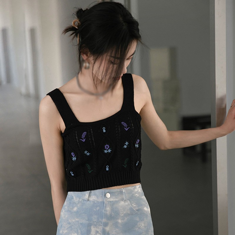Women Knitted Tank Tops Floral Embroidery Camisole Summer Suspender Crop Top