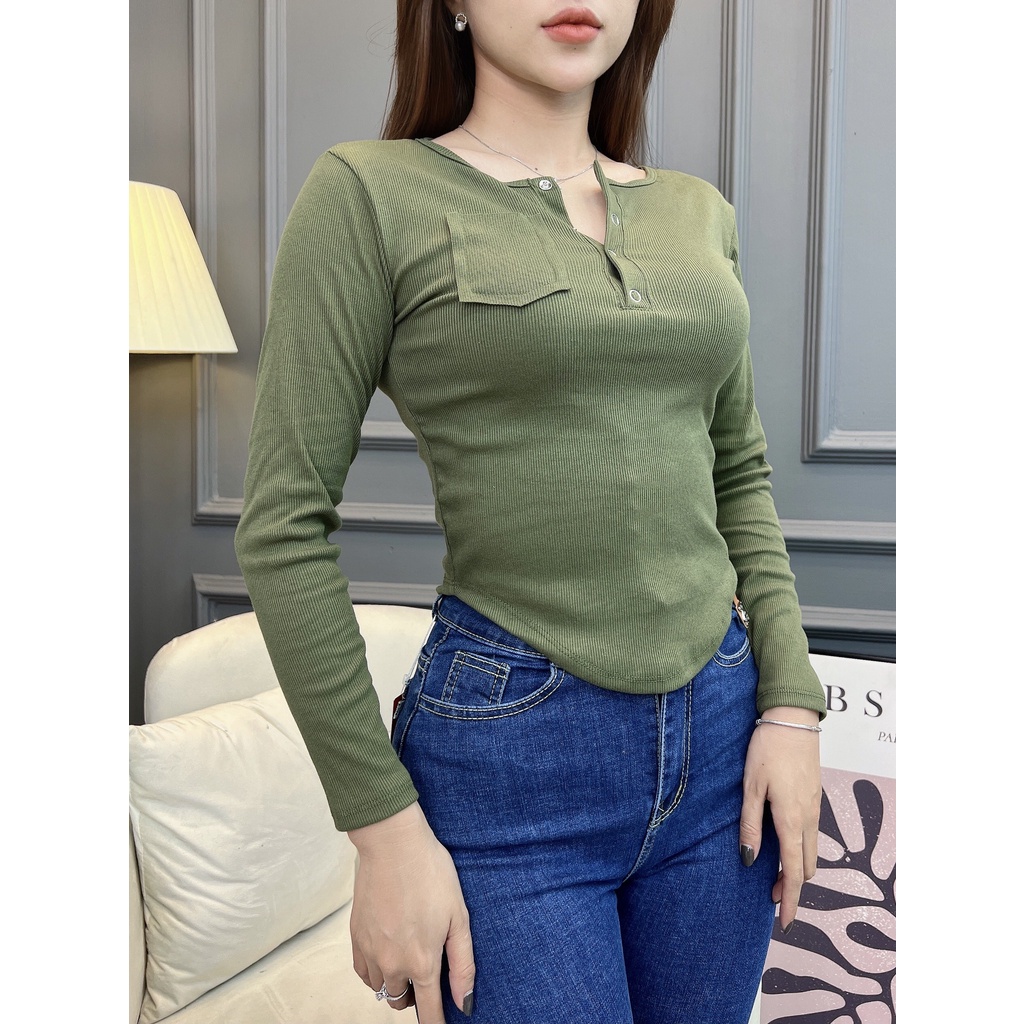 Áo thun tay dài nữ CRAZYTEEN phối túi sang trọng AT0212