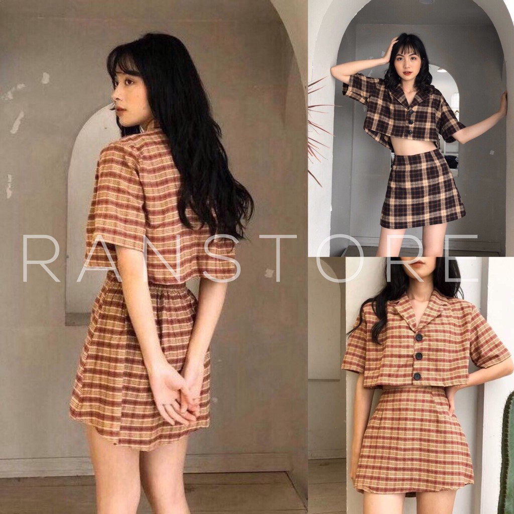 Set bộ váy vest kẻ croptop cộc tay phối chân váy ngắn dáng chữ A / Áo crt dáng ngắn phối cúc mix chân váy suông ulzzang