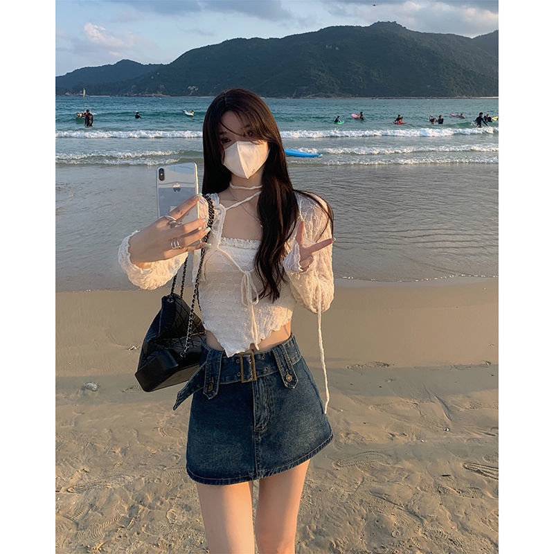 Bộ Áo Ren Hai Dây + Áo Choàng Ngắn 2022 Thời Trang Xuân Hè Cho Nữ