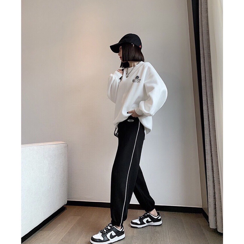 Quần bomber Mí chữ Houose T &amp; T  chất nỉ, ống rộng bo gấu chạy mí lưng cao cạp chun, Quần jogger nữ dài cá tính dáng bom