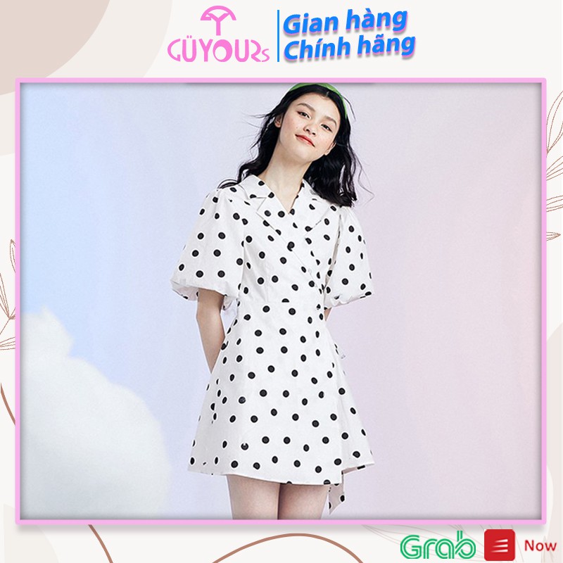 Đầm chấm bi GUYOURs thiết kế vạt chéo thắt nơ tay phồng dự tiệc GUV115