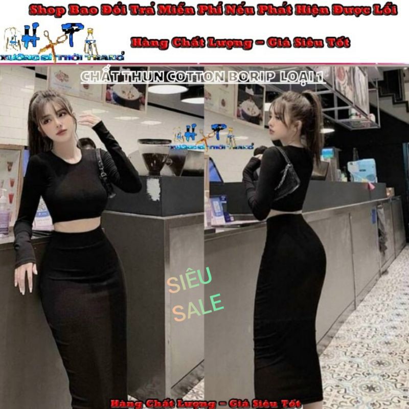 Set Váy Nữ Áo Croptop Mẫu Trơn Tay Dài Ôm Body Siêu Tôn Dáng - Hàng Có Sẵn
