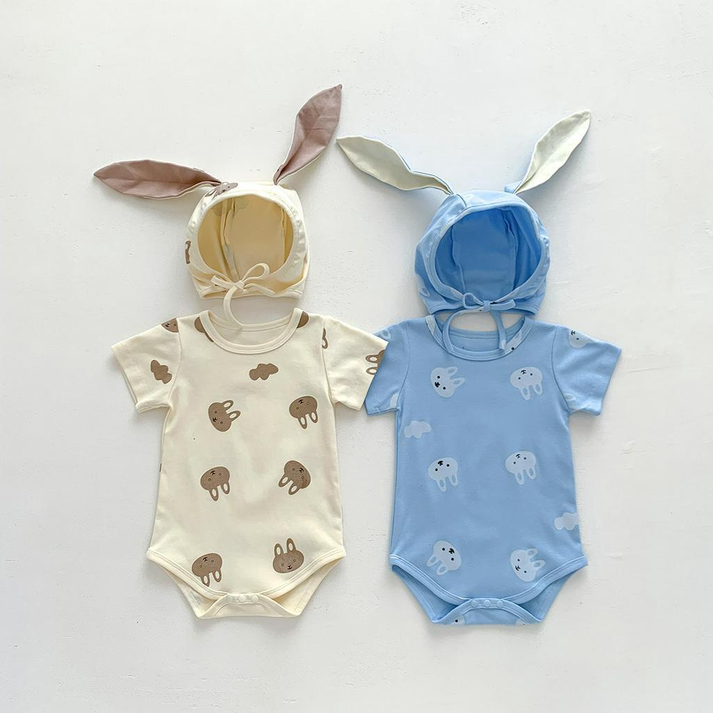 Bộ Áo Liền Quần Kèm Mũ In Hình Thỏ Bunny Dễ Thương Thời Trang Mùa Hè Cho Bé 0-2 Tuổi