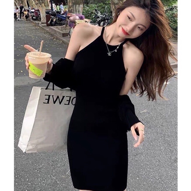 Set váy đầm nữ yếm kèm áo khoác tay phồng dáng ôm body sexy đen trắng freesize hàn quốc quyến rũ hot girl