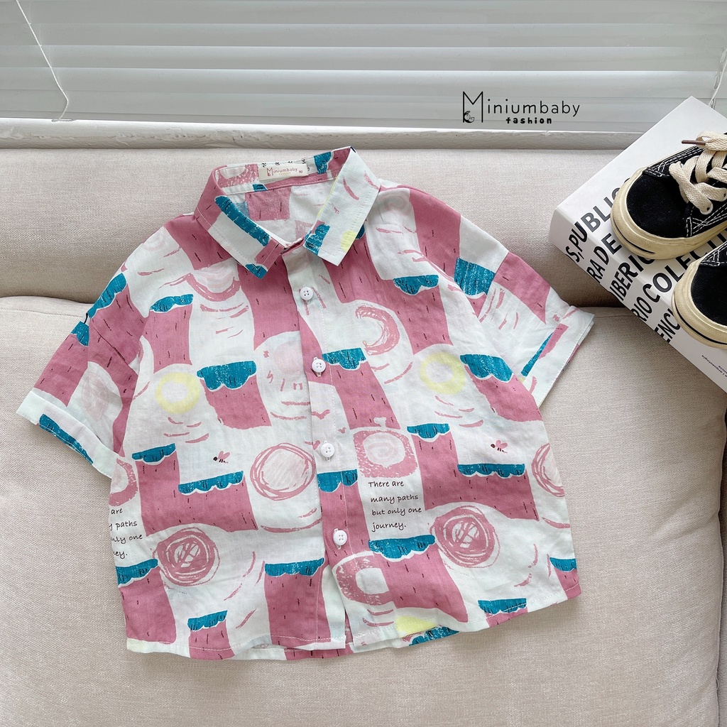 Áo sơ mi cộc tay/ tay lỡ cho bé mặc mùa hè, họa tiết bé trai, bé gái họa tiết ô tô, trái cây miniumbabyfashion A1212