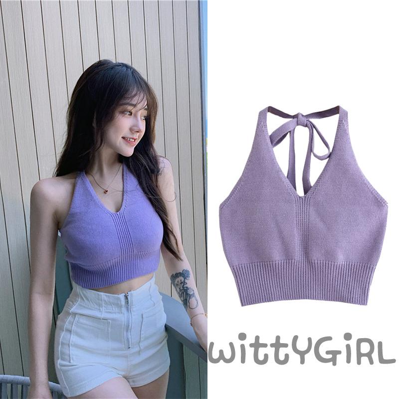 Áo croptop dệt kim cổ chữ V không tay màu sắc thời trang cho nữ
 | BigBuy360 - bigbuy360.vn