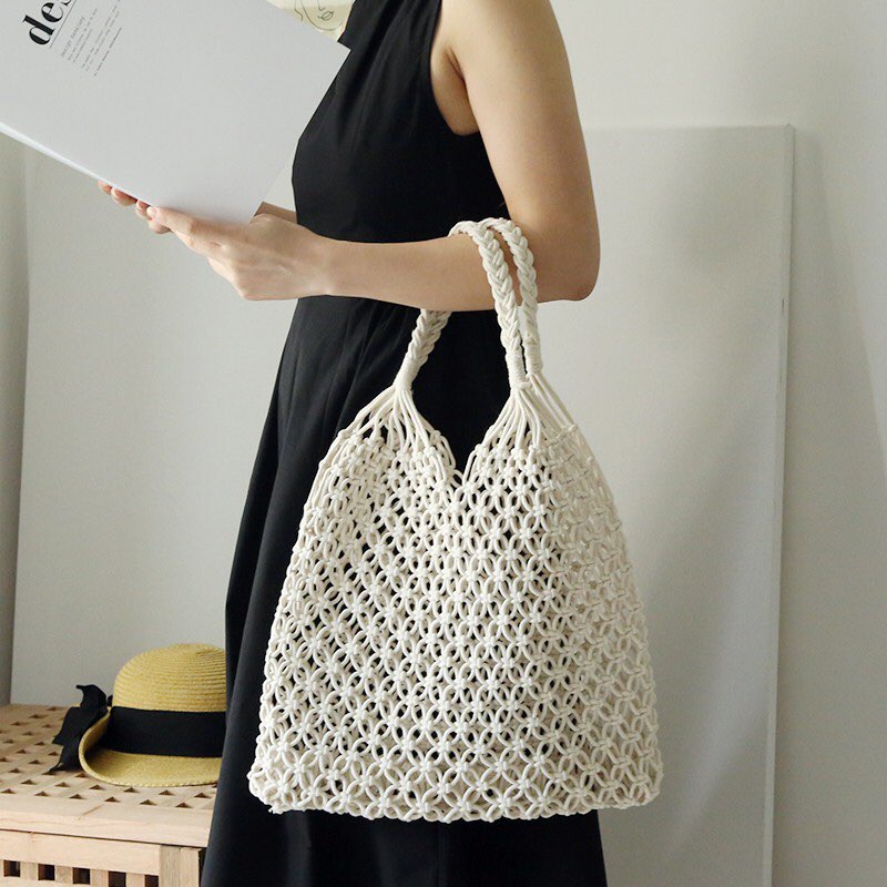 Túi lưới cá đeo vai đi biển - Macrame dây ngắn - size M