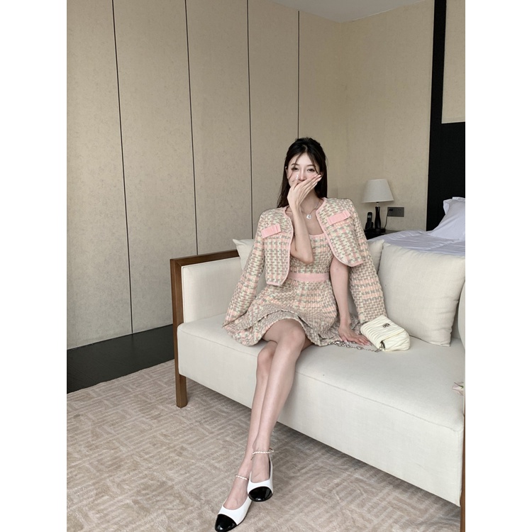 Set đồ nữ phong cách tiểu thư sang chảnh hàng Quảng Châu cao cấp đầu xu hướng áo khoác dạ phối váy dáng chữ A