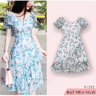 Váy hoa xanh voan tơ V1512 - Mặc đi chơi - đi biển - dạo phố cực sang (Kèm ảnh thật trải sàn do shop tự chụp)