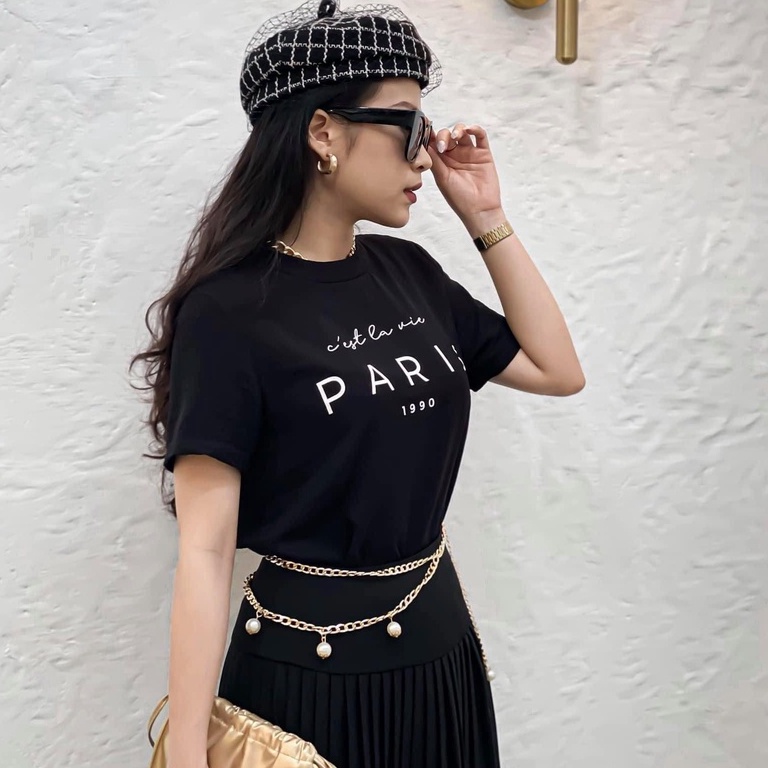 COCO SIN - Áo Lụa In Logo Đen Paris Cổ Tròn