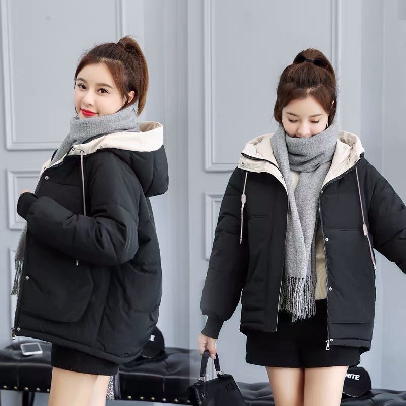 Áo Phao Nữ Túi Hộp Mũ Liền Cổ Tay Bo chun, Áo Phao Trơn Mũ Rút Dây Quảng Châu BBY