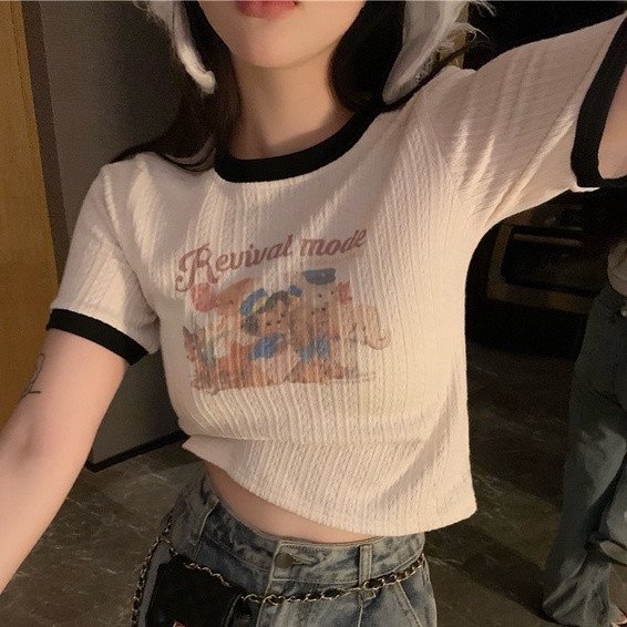 Áo kiểu ZHELIHANGFEI vải dệt kim ngắn tay in họa tiết xinh xắn theo phong cách Mỹ