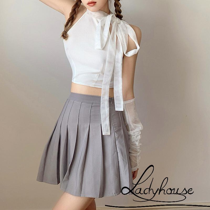 LDDWomen Casual Crop Tops, Solid Color Mock Neck Slim-Fit Bandage Tops with Sleeves, White