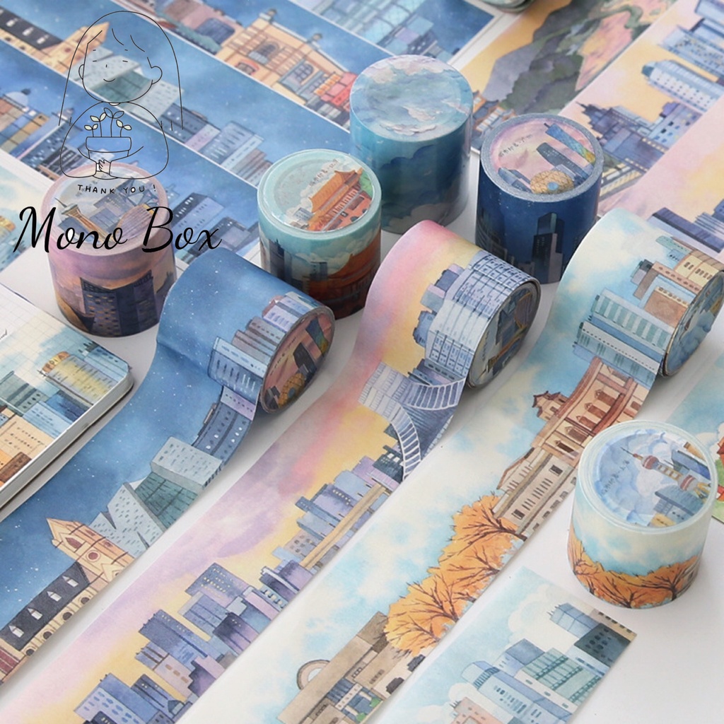 [Chiết] Washi tape 4,5x98cm, băng keo dán trang trí chủ đề thành thị, thành phố làm tranh washi Mono_box