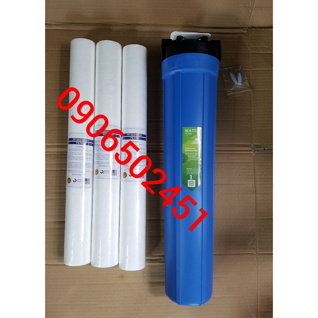 Combo Bộ lọc nước sinh hoạt đơn ly 20 inch (Xanh dương) đã gồm lõi + 3 lõi số 1  PPF20