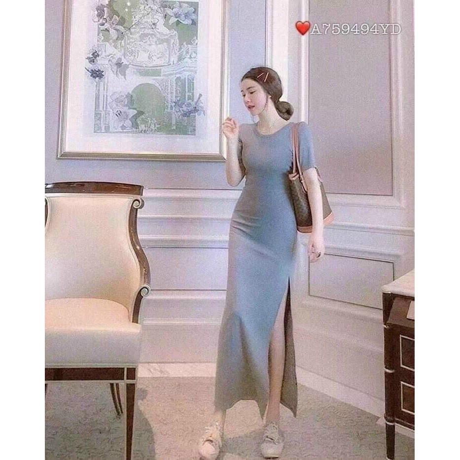 Đầm ôm body maxxi trơn dáng dài xẻ tà cực xinh , chất thun bozip dày dặn mềm mịn