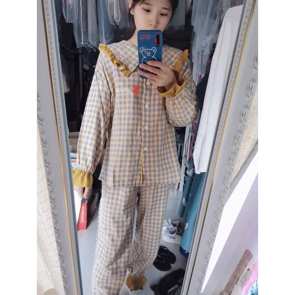 BN7_Bộ ngủ pijama, bộ đồ mặc nhà kẻ vàng vuông cổ bèo ulzzang Hàn quốc