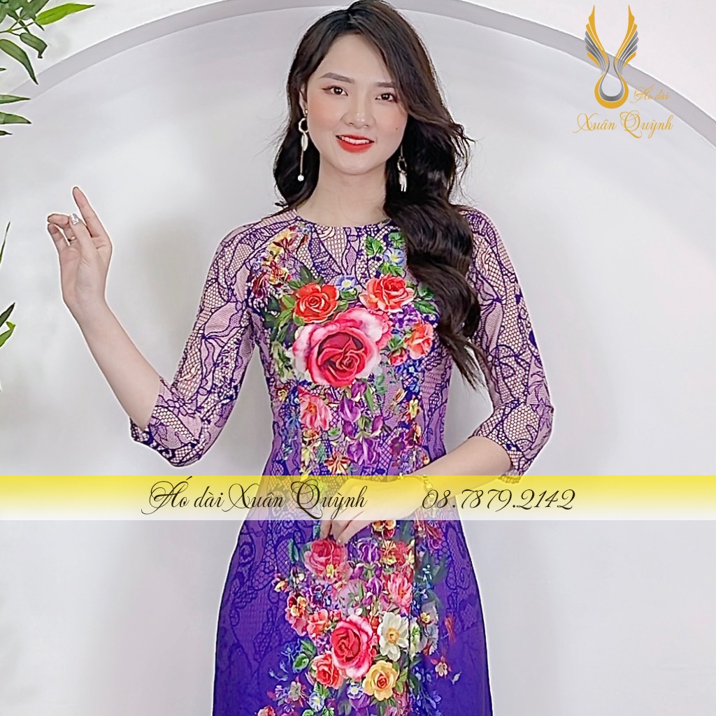 Áo Dài Truyền Thống Hoa Hồng, Thanh Lịch Duyên Dáng Lụa Habutai K05 Tím - Áo Dài Xuân Quỳnh