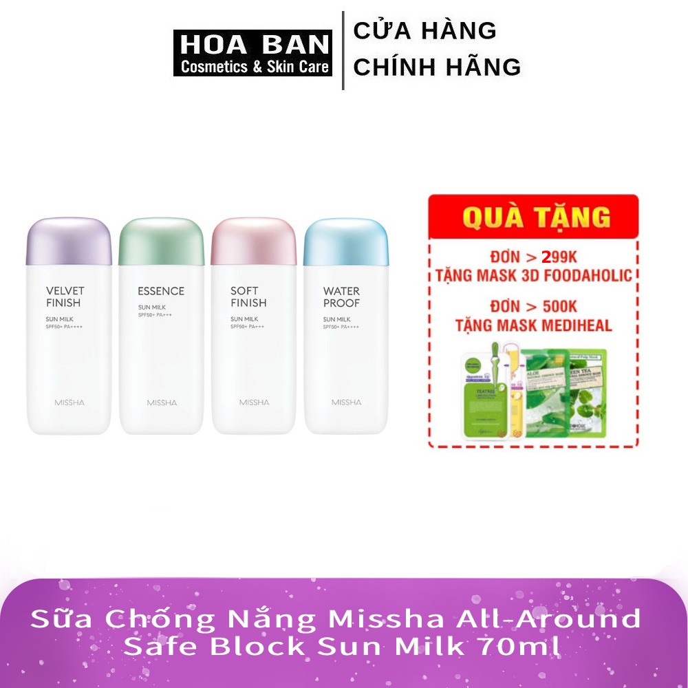 Kem chống nắng dạng sữa Missha All-Around Safe Block Sun Milk 70ml Waterproof/Soft finish/ Velvet finish/ Essence