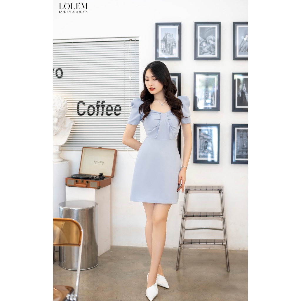 Đầm chữ A cổ vuông LOLEM DX348 xếp ngực vải sạn tổ ong nhẹ chống nhăn