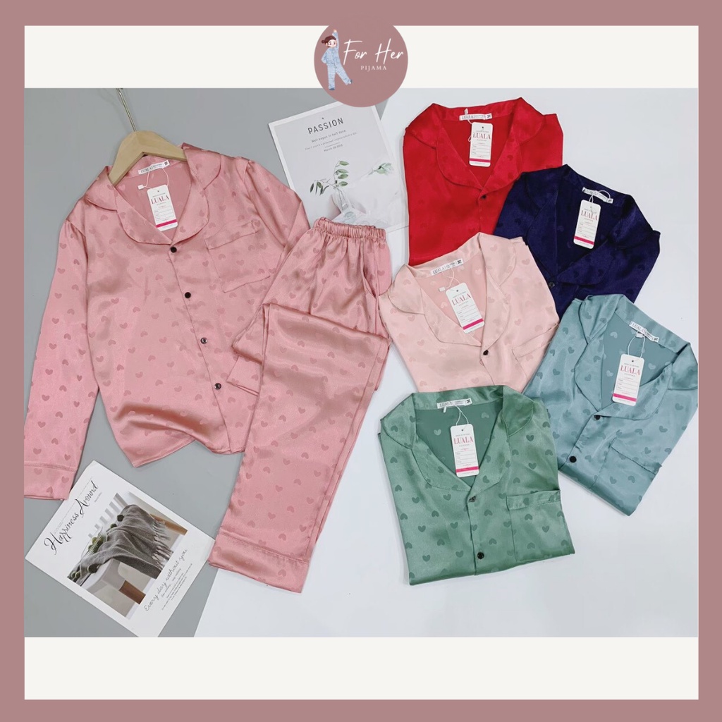 Đồ Bộ Pizama Lụa Gấm Tay Dài Quần Dài Pijama Hoạ tiết Tim Bộ mặc nhà sau sinh