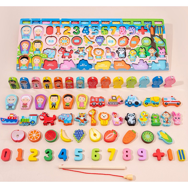 Bảng Câu Cá Gỗ Logic 5 Dòng - Bảng Số, Con Vật, Trái Cây, Câu Cá Thông Minh Đa Năng