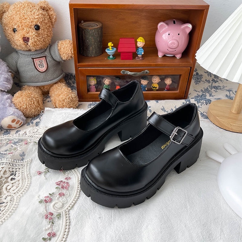 Giày búp bê lolita công chúa đế cao 6cm trắng đen có sẵn