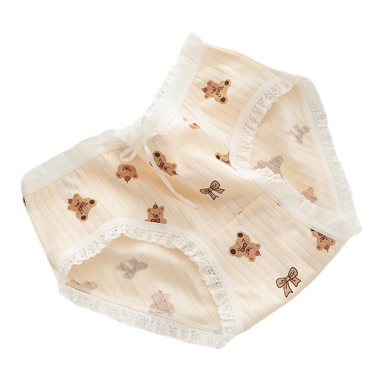 Quần Lót Nữ Cotton Phối Viền Ren Thoáng Khí Họa Tiết Gấu/Thỏ Dễ Thương 345
