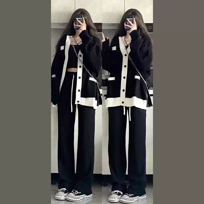 Bộ đồ hai món với áo len dệt kim và quần tây phong cách thanh lịch thời trang Pháp mùa thu size lớn cho nữ