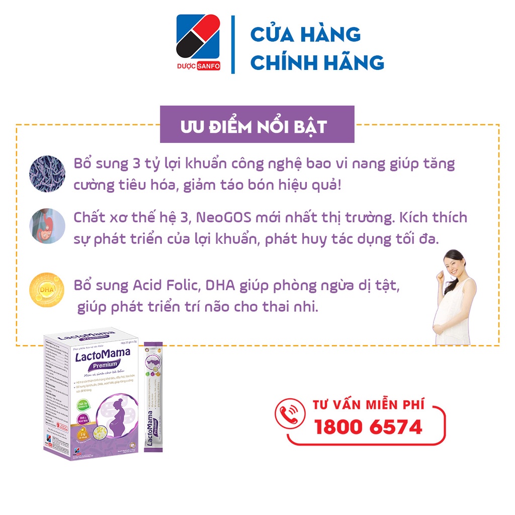 Lactomama Premium men vi sinh dành cho bà bầu, ổn định tiêu hóa, giải quyết táo bón, tăng sức đề kháng, hộp 20 gói