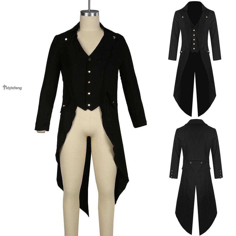 STYLEF-~Men Black Steampunk Retro Victorian Punk Tailcoat Party Costume Long Jacket Coat vintage tuxedo-