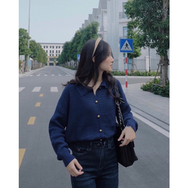 Áo len vải dệt cổ polo cúc đồng vintage xinh xắn