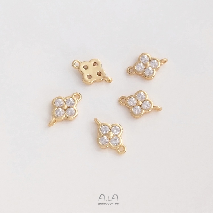 💖Trang sức DIY phụ kiện💖Giữ màu 14K mạ vàng Zircon bốn lá cỏ mặt dây chuyền tròn may mắn cỏ cách ly hạt DIY trang sức đôi treo phụ kiện