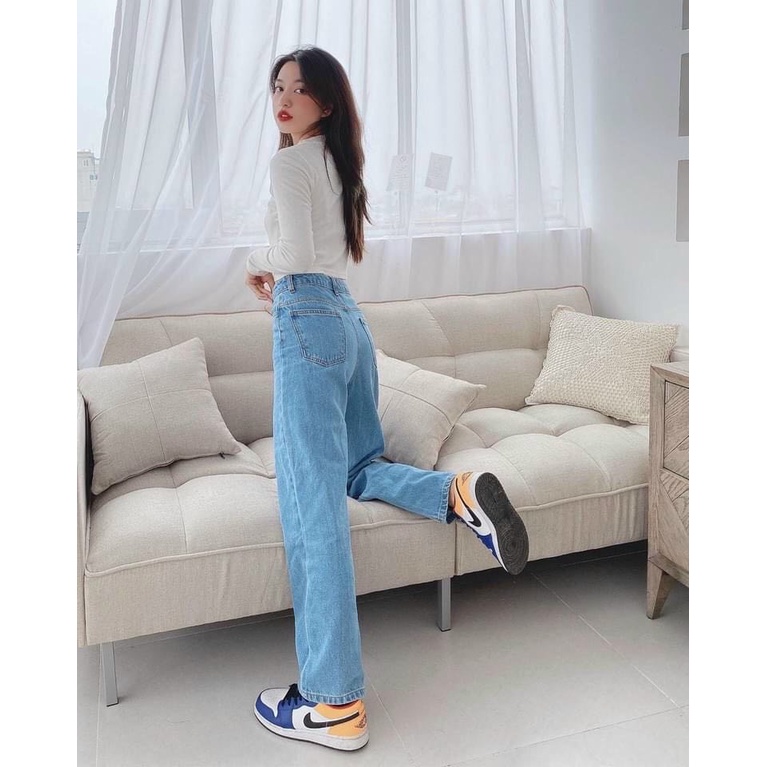 Quần jean nữ ống rộng ❤️ Cạp lưng cao màu xanh dáng ống suông chất bò dầy dặn trẻ trung LX41