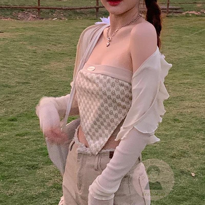 DRE-Women Triangle Tube Tops, Summer Strapless Printed Boat Neck Patchwork Tube Tops