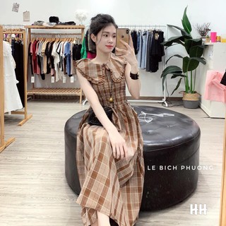 Váy kẻ sọc sát nách cổ bèo