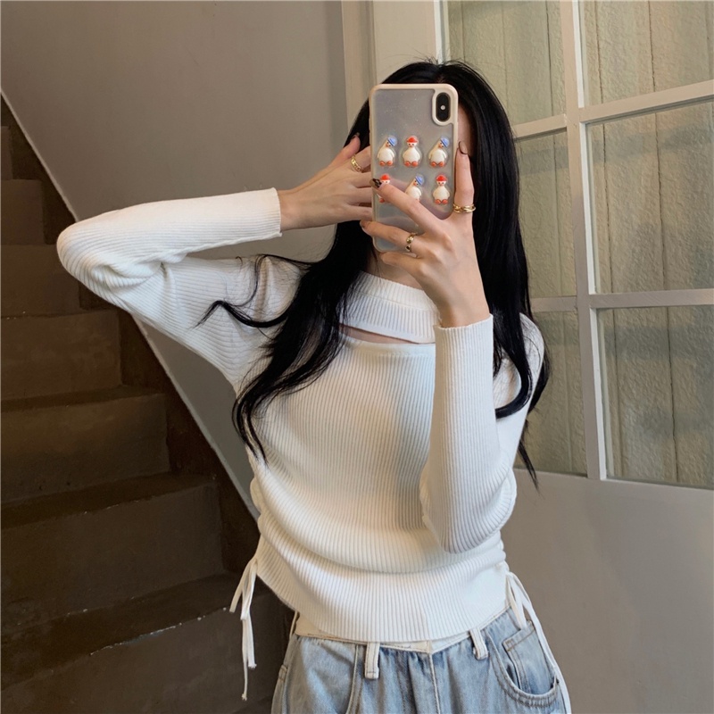 【ZHELIHANGFEI】Áo Sweater Dệt Kim Tay Dài Dáng Ôm Phối Dây Rút Cá Tính