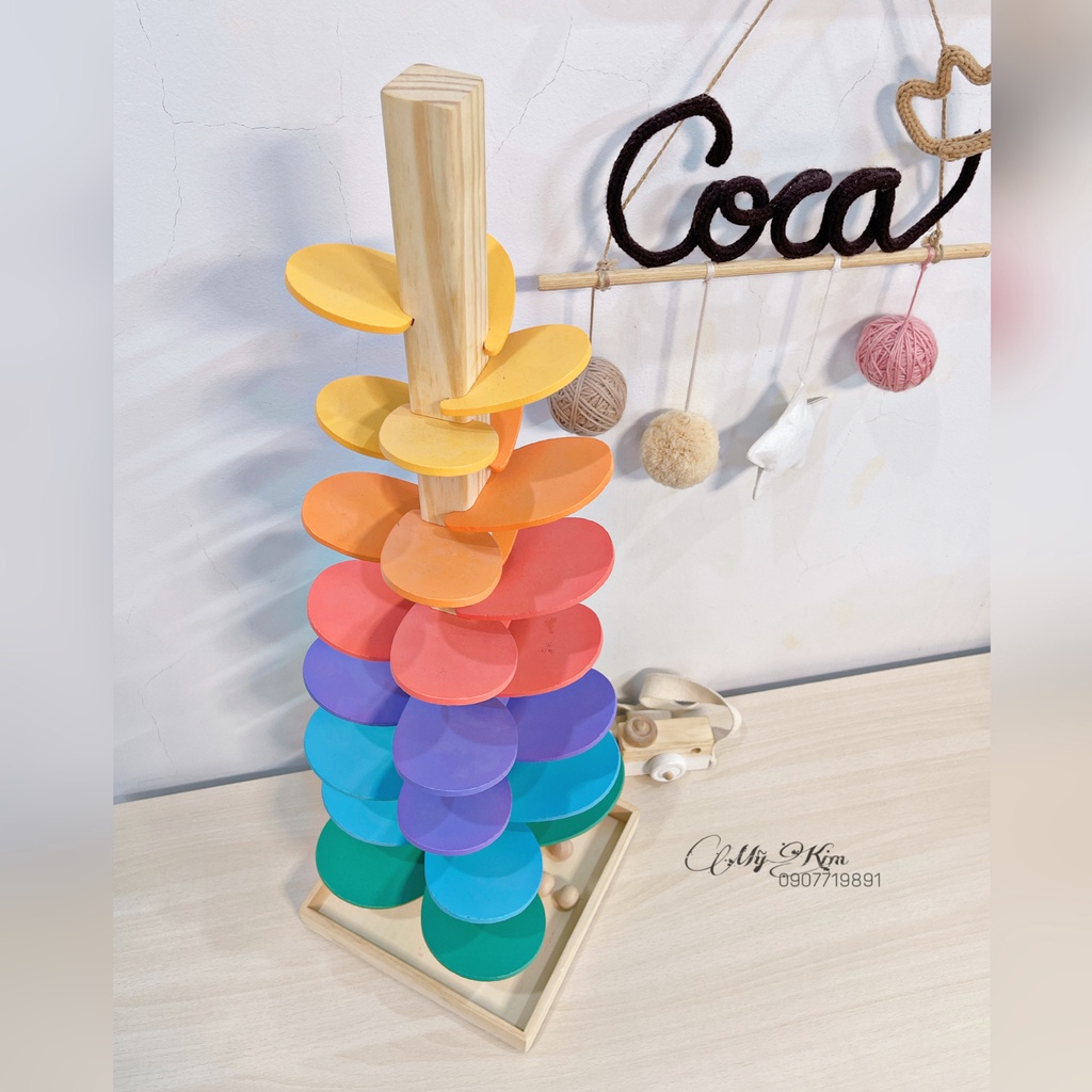 Đồ Chơi Tháp Gỗ Cầu Vồng Âm Nhạc thả bóng cho bé Montessori - Tháp Bóng Nhạc Bằng Gỗ