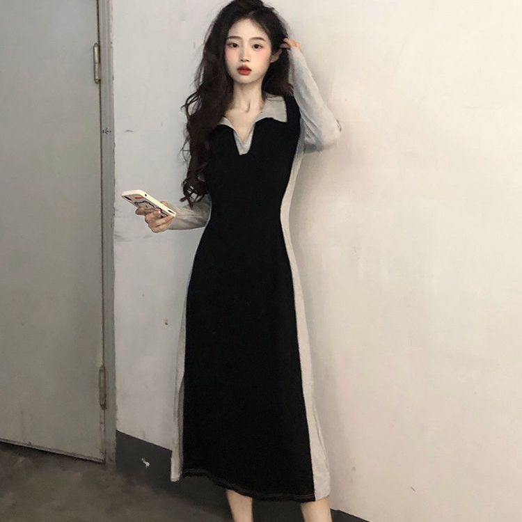 Đầm COZOKC tay dài cổ polo ôm eo màu tương phản phong cách Hàn Quốc