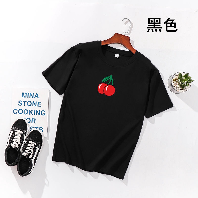 Áo Thun Tay Ngắn Unisex Cổ Tròn In Hình Quả Cherry Phong Cách Harajuku