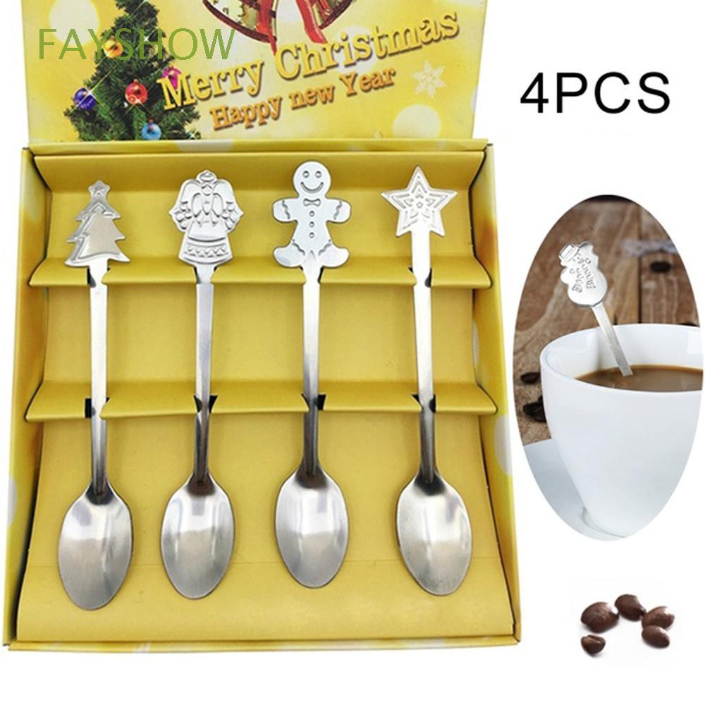 4pcs/set Christmas Tree Ice Cream Kitchen & Dining Snowman Stainless Steel Christmas Coffee Spoons