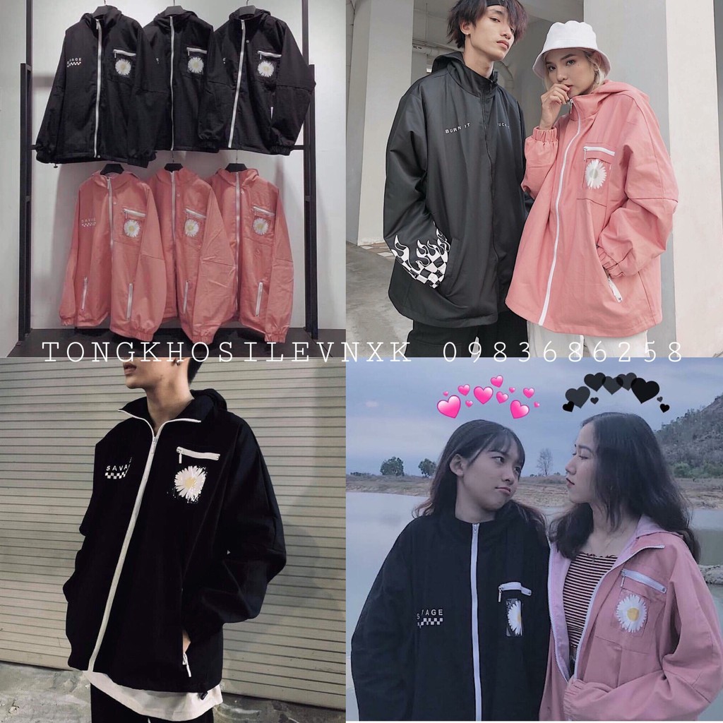 ÁO KHOÁC GIÓ 2 LỚP IN HOA CÚC SAVAGE UNISEX - ÁO KHOÁC DÙ HỒNG ĐEN
