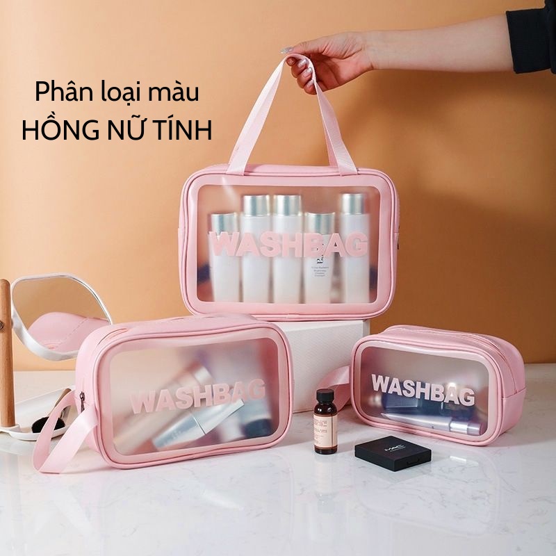 Túi đựng mỹ phẩm trong suốt cao cấp Washbag, túi đựng đồ du lịch đa năng 3 màu đen hồng trắng TDM01