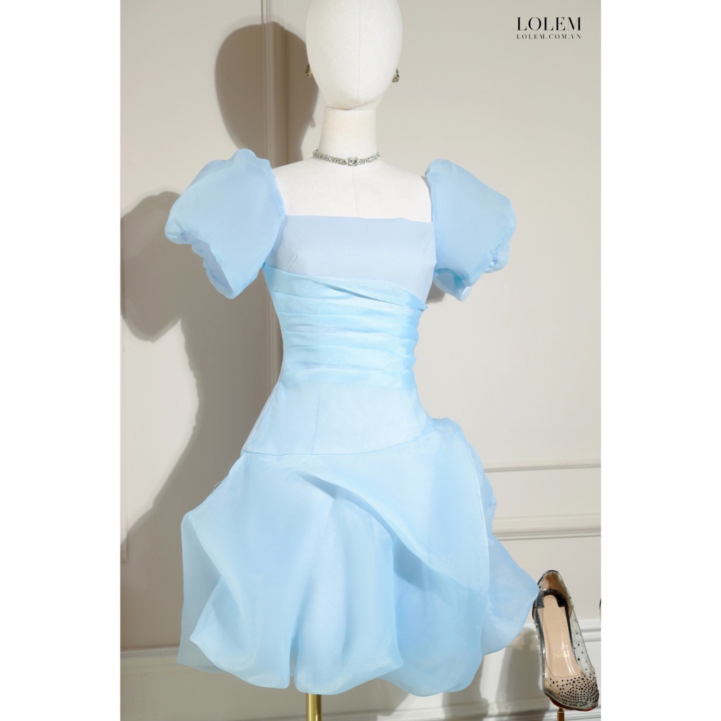 Đầm cổ vuông LOLEM DX340 dáng xòe vải organza phối linen không nhăn thoáng mát