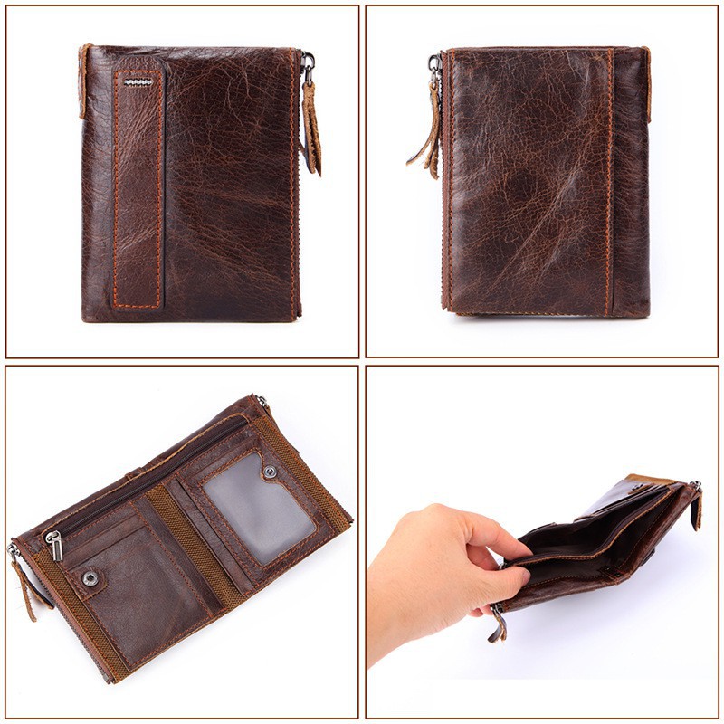 Ví da bò thật có khóa kéo đôi tiện lợi