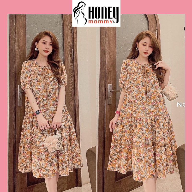 Đầm Bầu Váy Bầu Hoa Nhí Cổ Thắt Nơ Dáng Xòe Đi Chơi Dự Tiệc Mùa Hè Dáng Dài HD2847 Honey Mommy